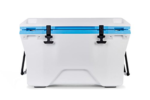 Camco Currituck White and Cyan Blue 50 Quart Cooler - Rugged Exterior Made for Camping, Hunting, Fishing and Tailgating - Comes with Cooler Basket (51701)