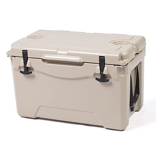 TRY & DO Portable Ice Chest and Coolers, 50QT Camping Coolers with Heavy Duty Rubber Latch, Bottle Openers, Cup Holders, Medium Large Camping Cooler to 5 Days, Light Brown
