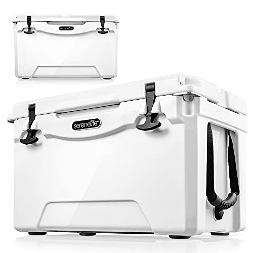 SereneLife Portable Cooler Box, 50-Quart, Holds 63 Cans, Keeps Ice Up to 5 Days, Heavy-Duty, 2-Way Carry Handles, Leak-Resistant, Durable, Ideal for Beach, Picnics, and Sports, White, SLCB35BL